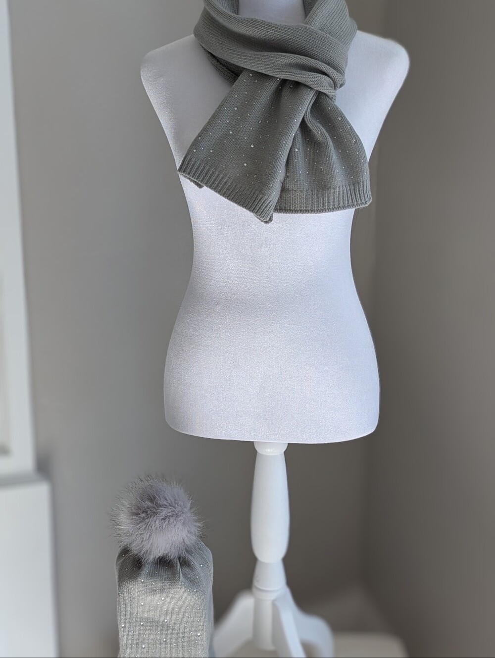 Sparkle Pom Knit Beanie in Gray With Matching Scarf